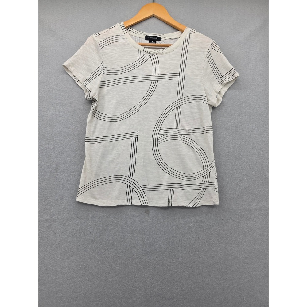 Sanctuary Geometric Linear Print Slub Knit Cotton Blend Tee White Black Medium